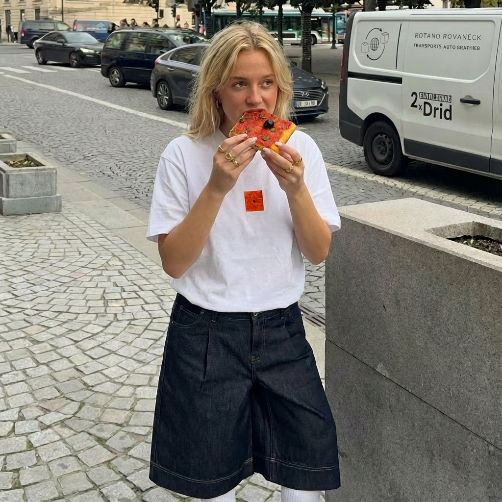 Femme debout à Paris portant un t-shirt avec pizza carrée style Van Gogh, mangeant une pizza carrée.